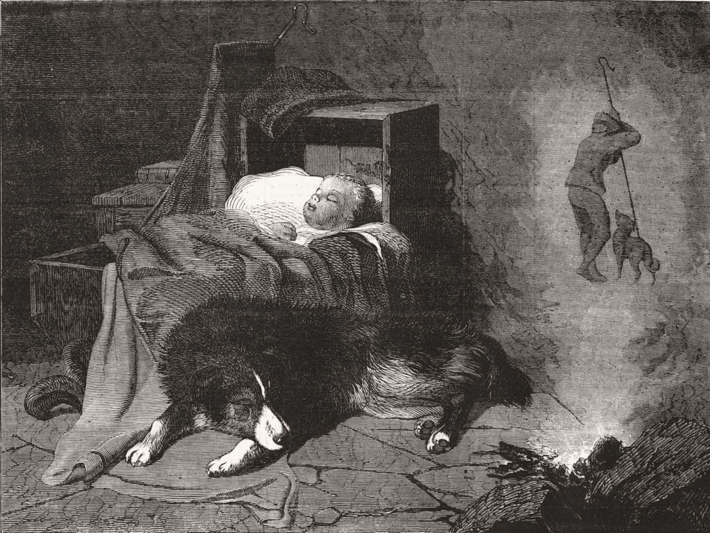 BABIES. Dream of Shepherd's dog 1855 old antique vintage print picture